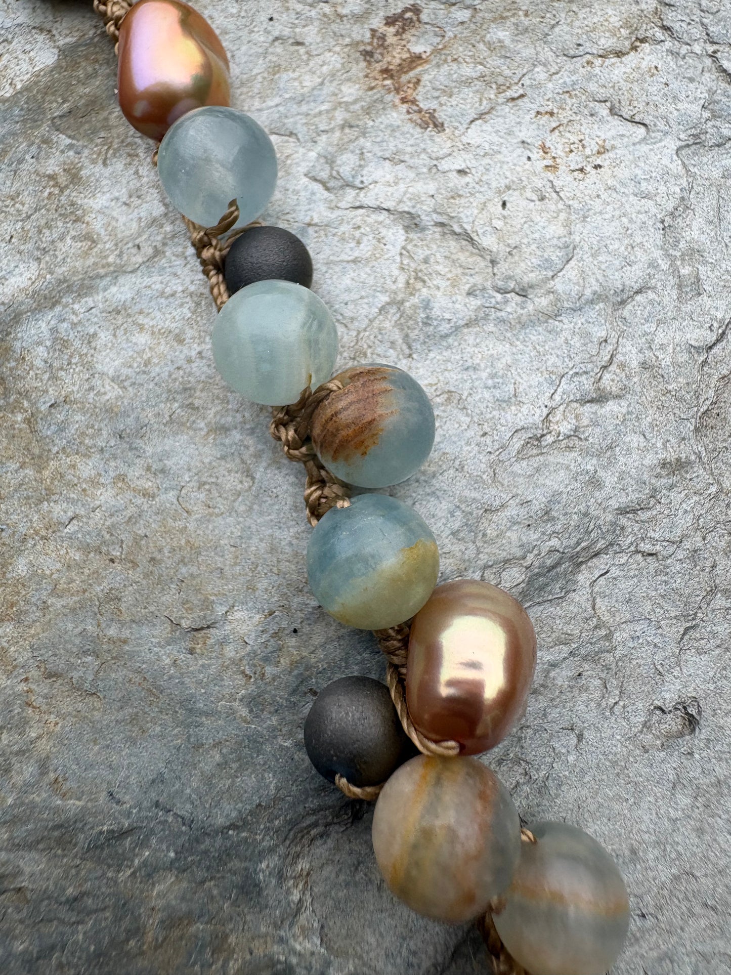 Blue Calcite Druzy and bronze pearl bracelet