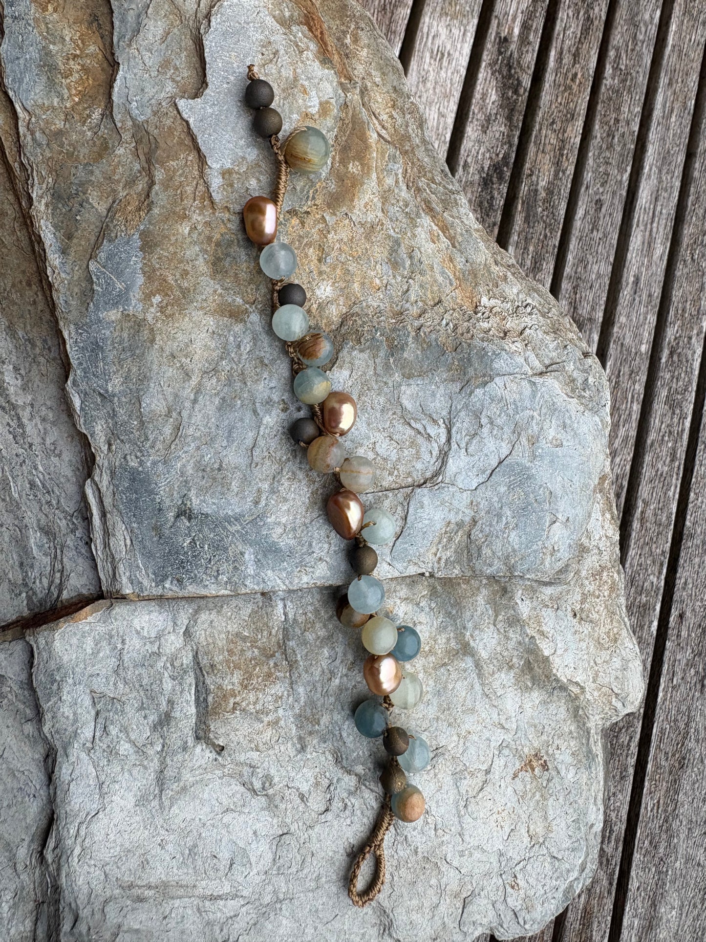 Blue Calcite Druzy and bronze pearl bracelet