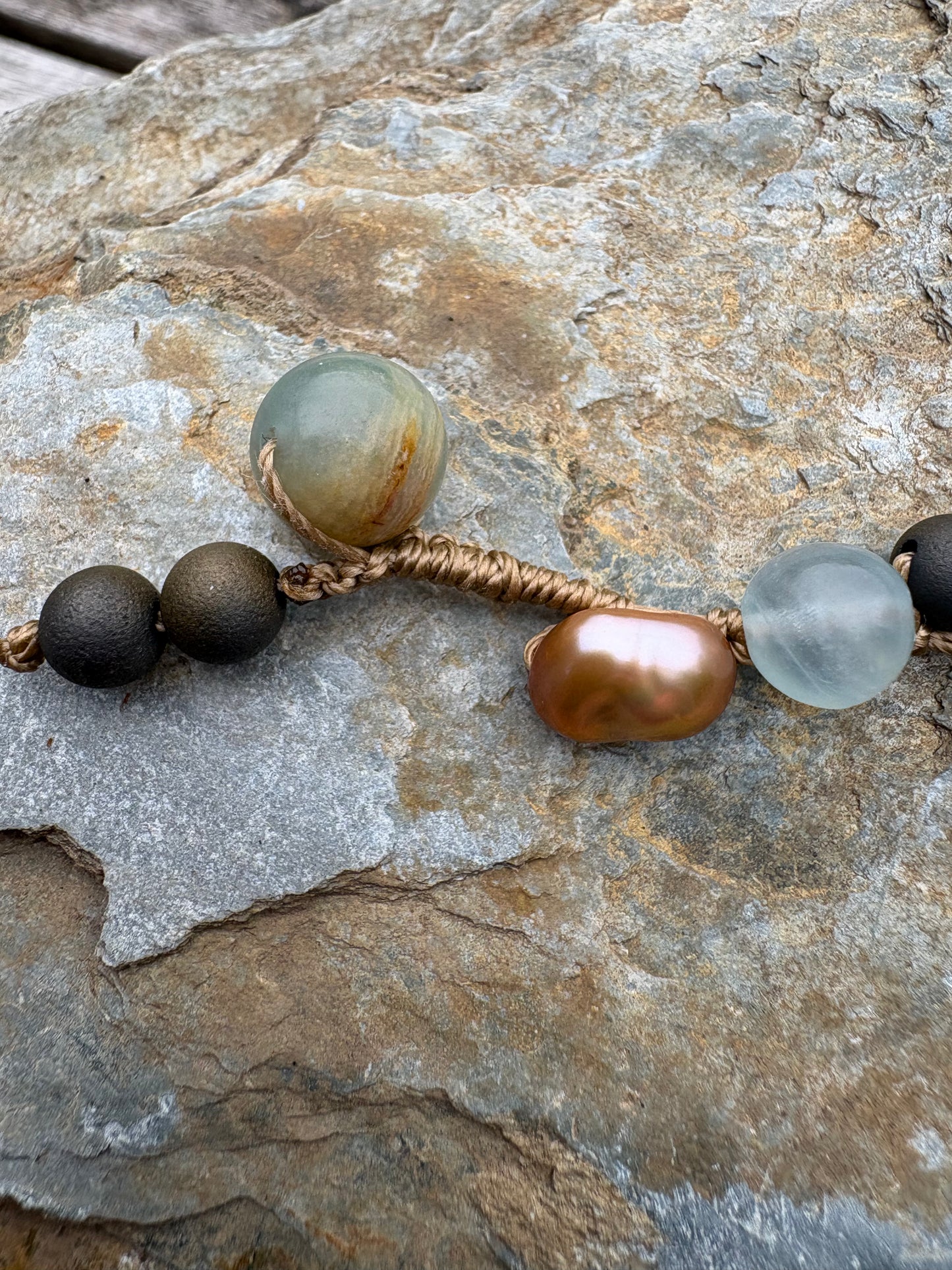 Blue Calcite Druzy and bronze pearl bracelet