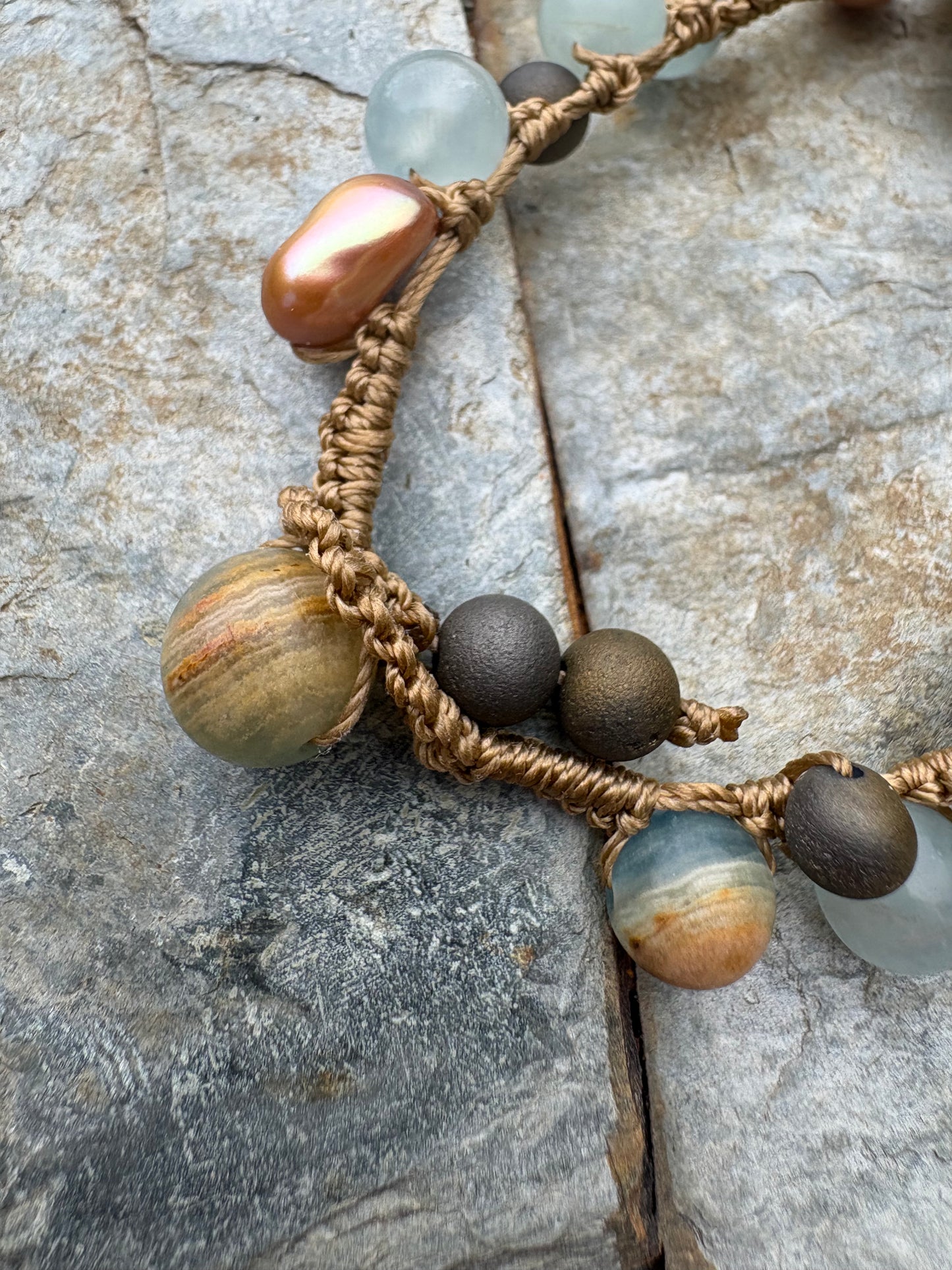 Blue Calcite Druzy and bronze pearl bracelet
