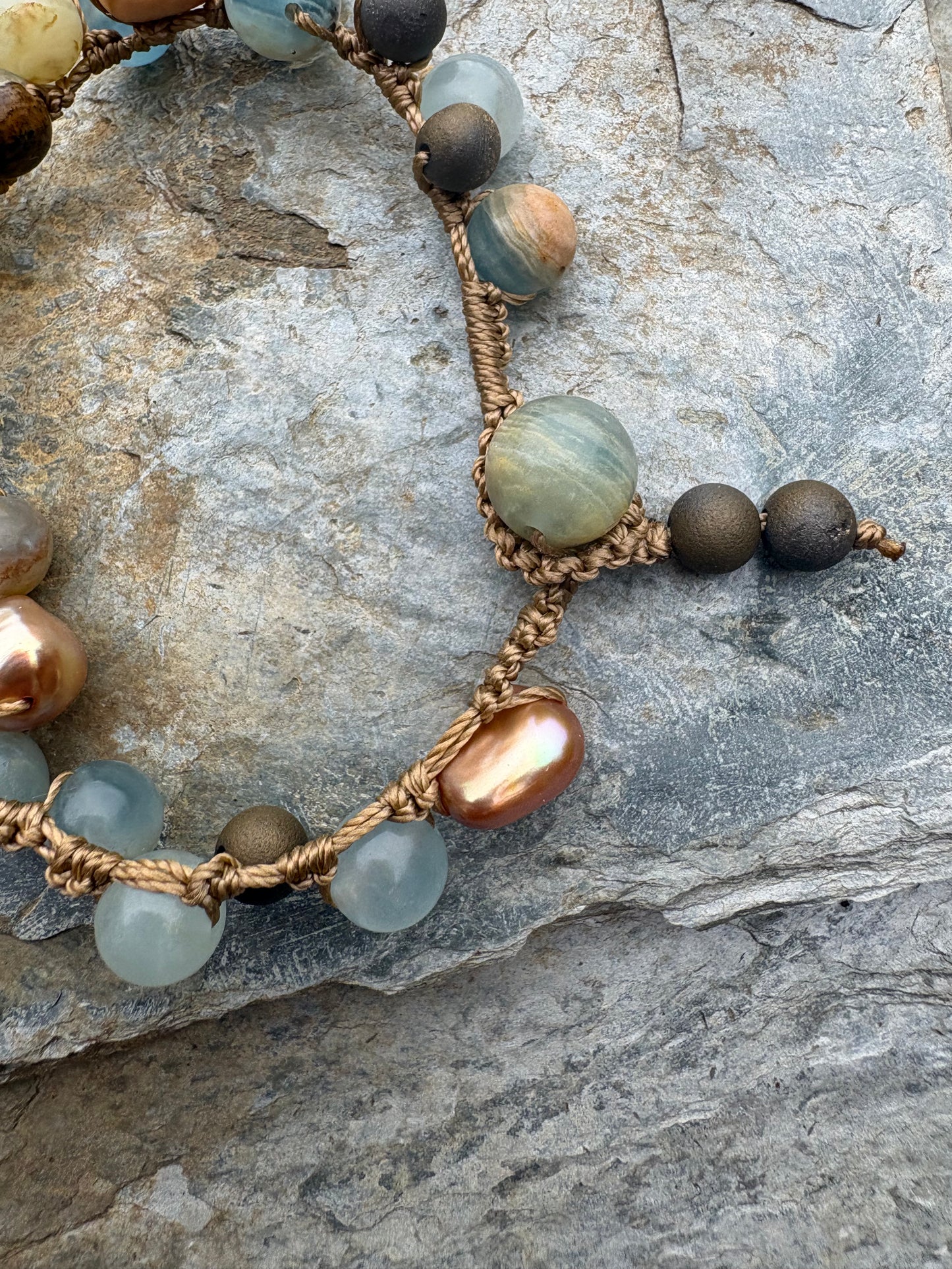 Blue Calcite Druzy and bronze pearl bracelet