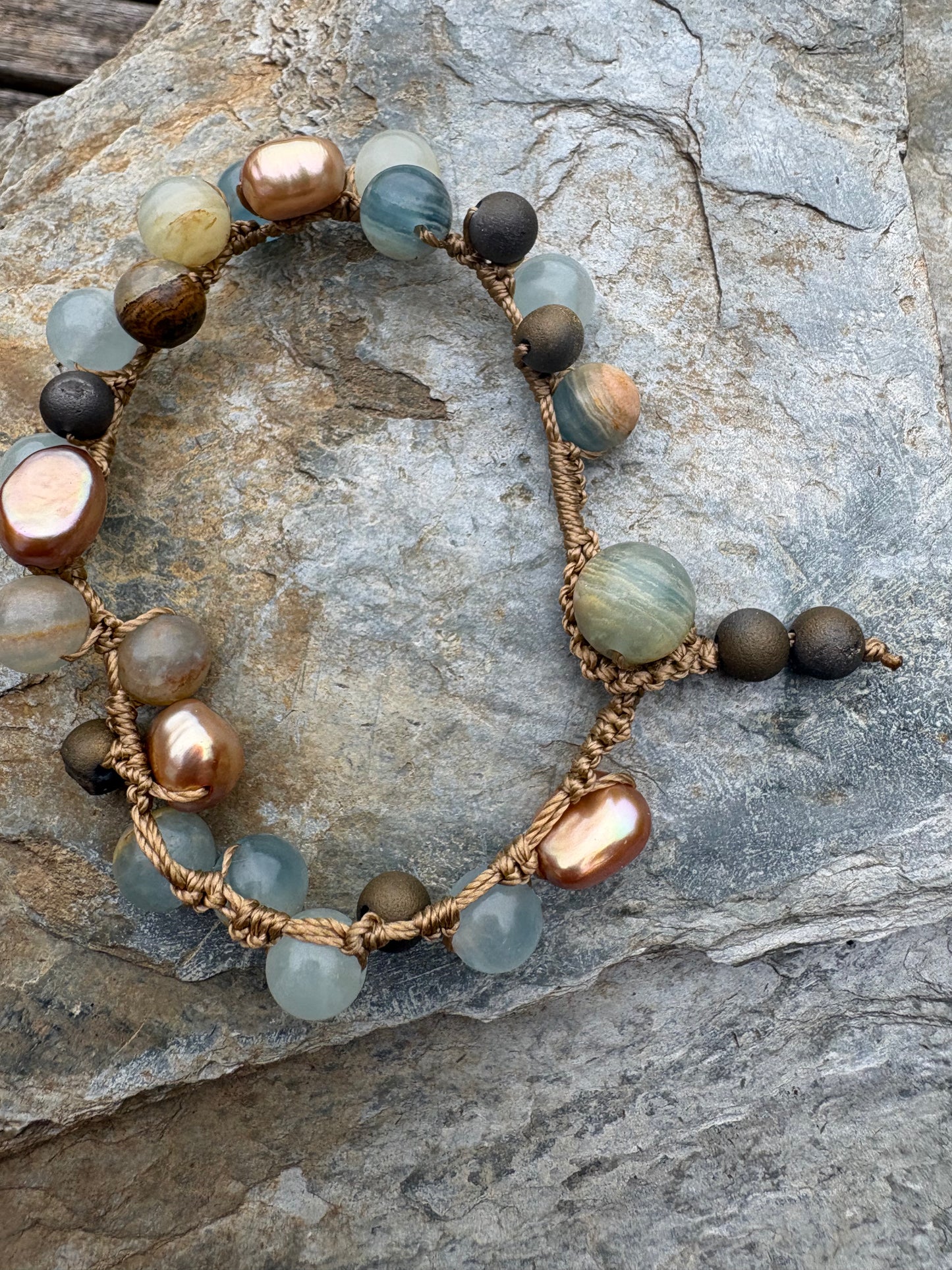 Blue Calcite Druzy and bronze pearl bracelet