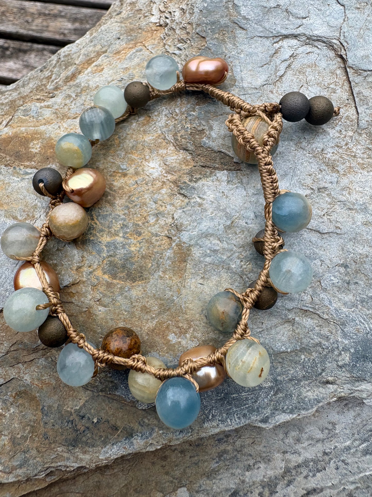 Blue Calcite Druzy and bronze pearl bracelet