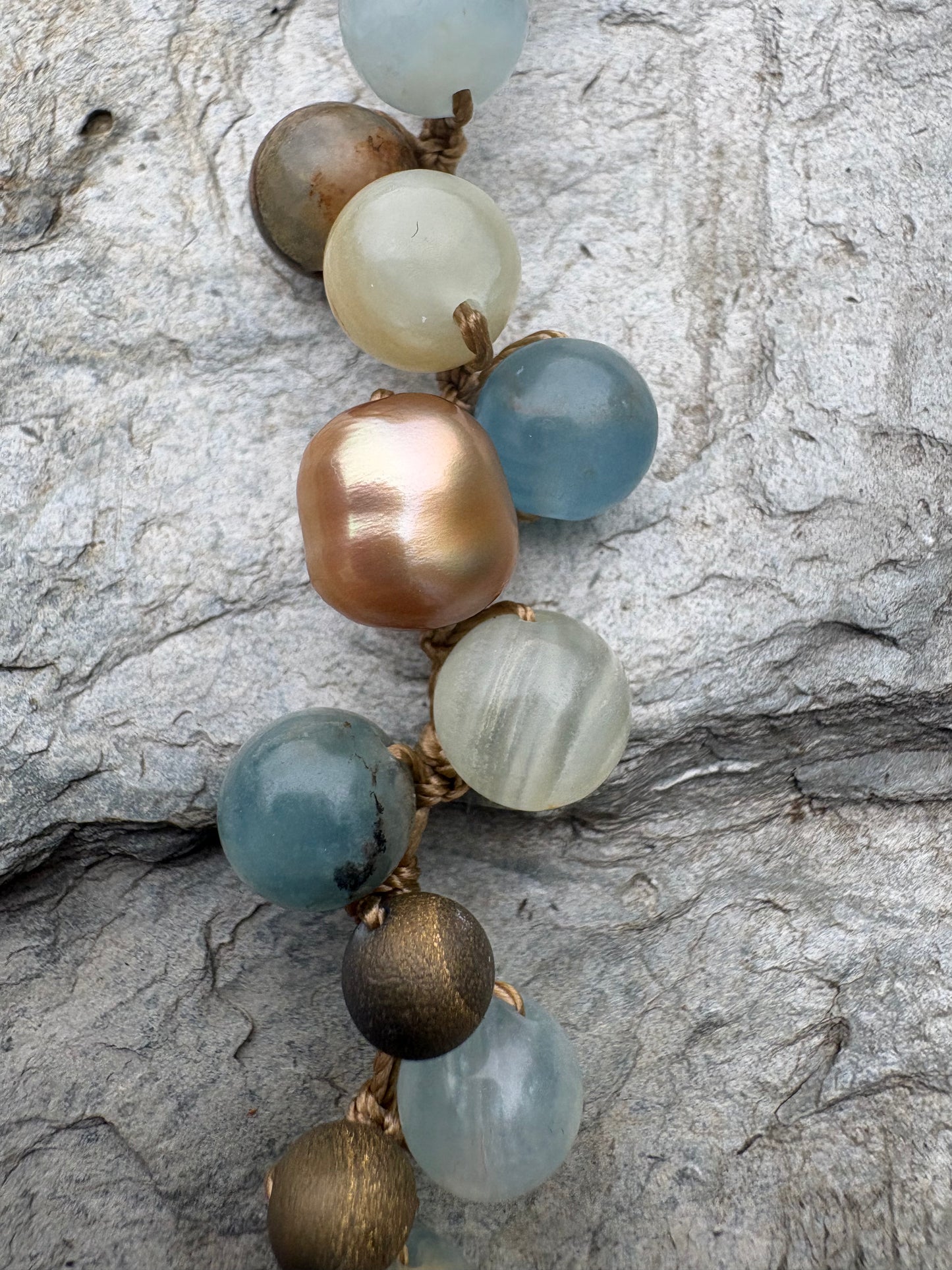 Blue Calcite Druzy and bronze pearl bracelet