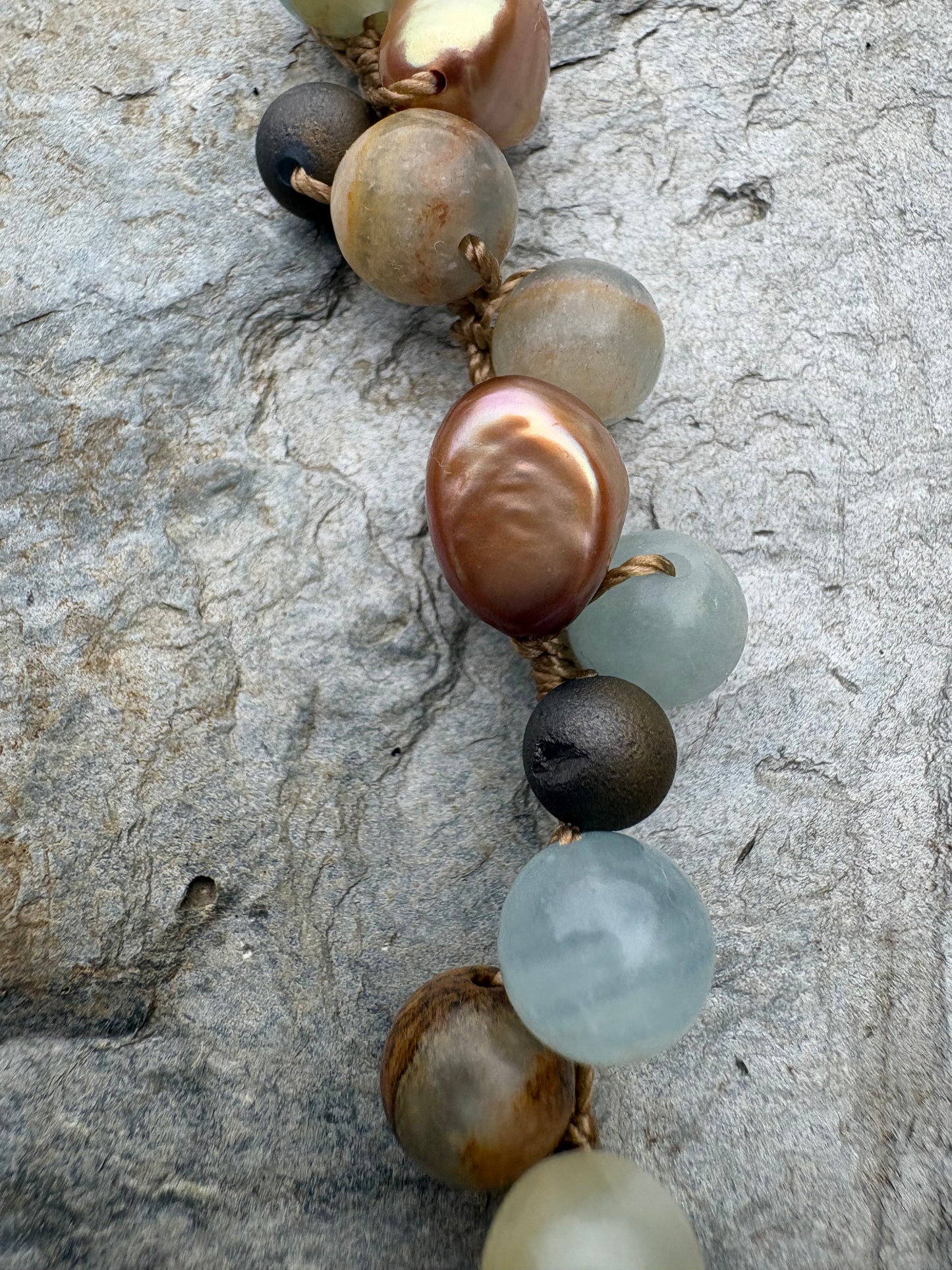 Blue Calcite Druzy and bronze pearl bracelet