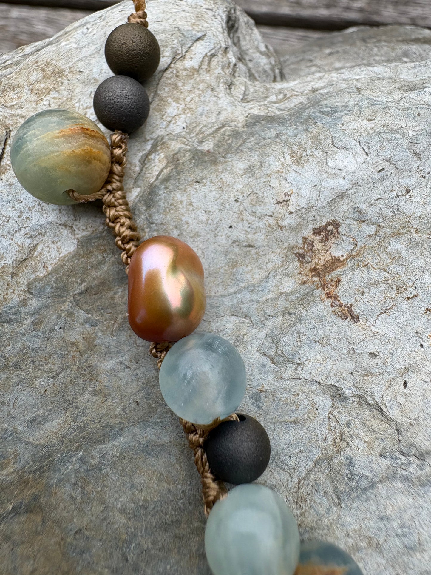 Blue Calcite Druzy and bronze pearl bracelet