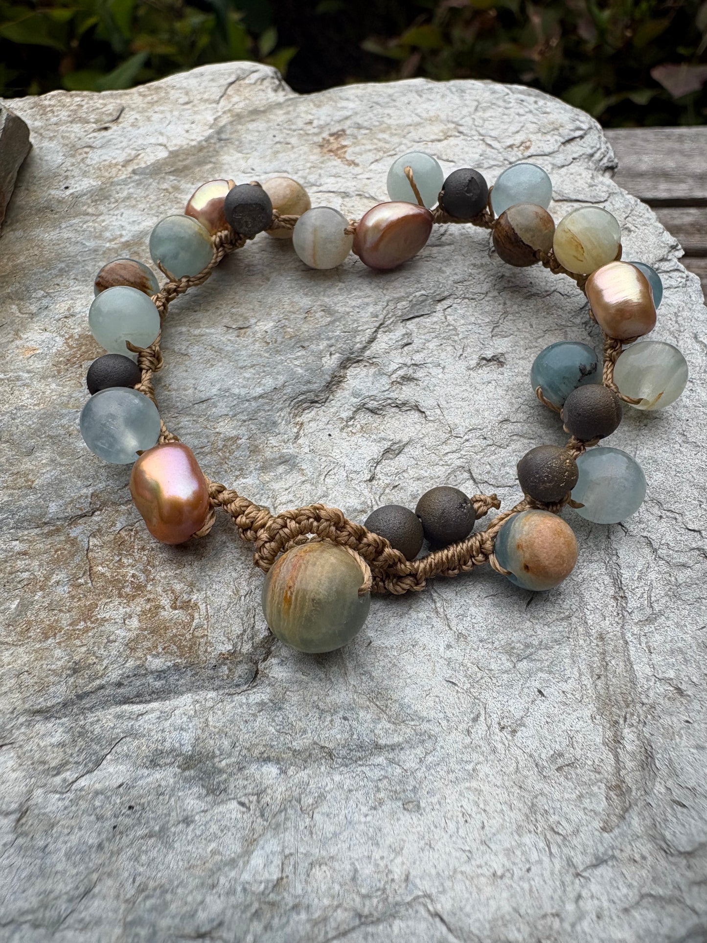 Blue Calcite Druzy and bronze pearl bracelet