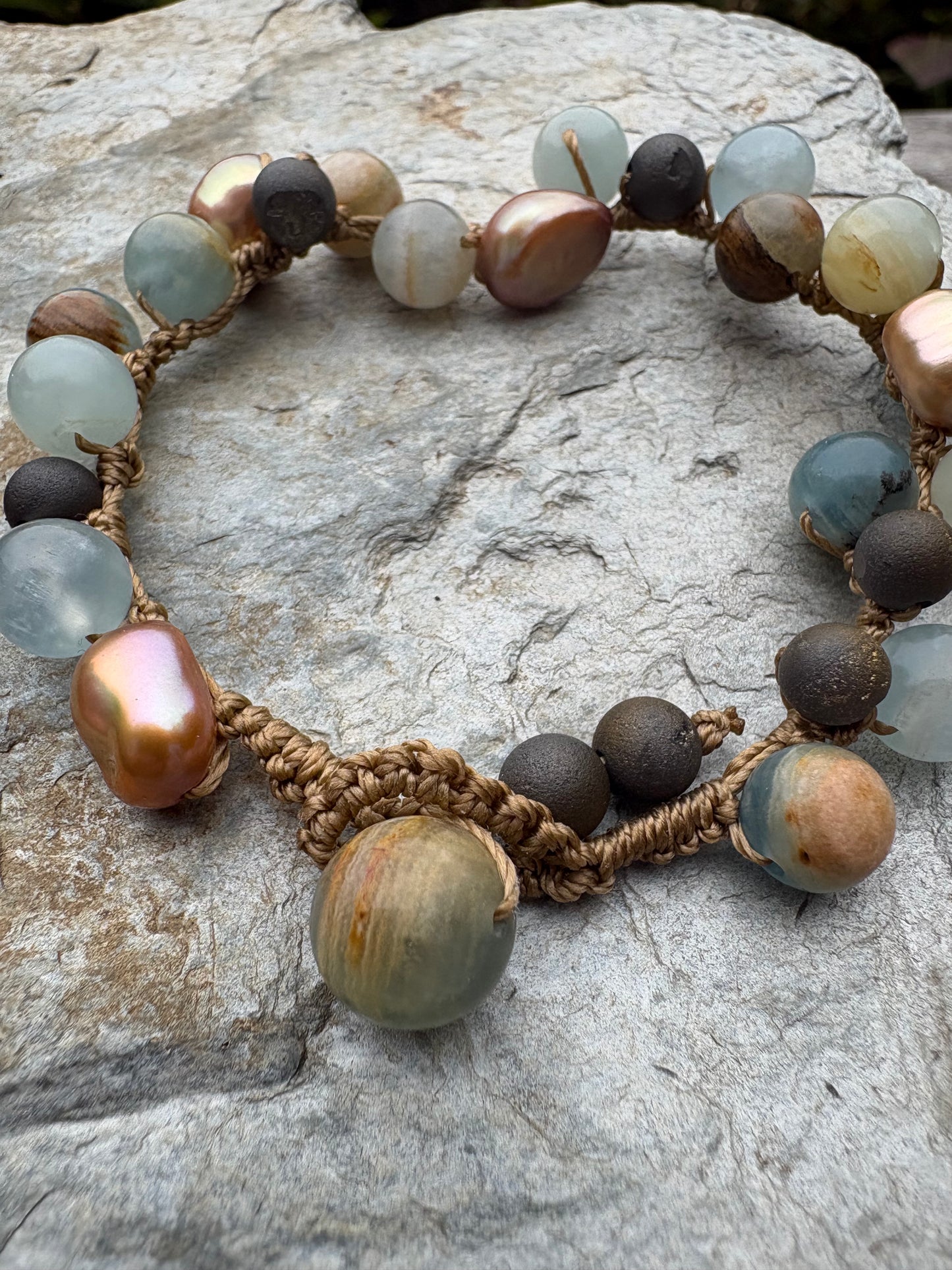 Blue Calcite Druzy and bronze pearl bracelet