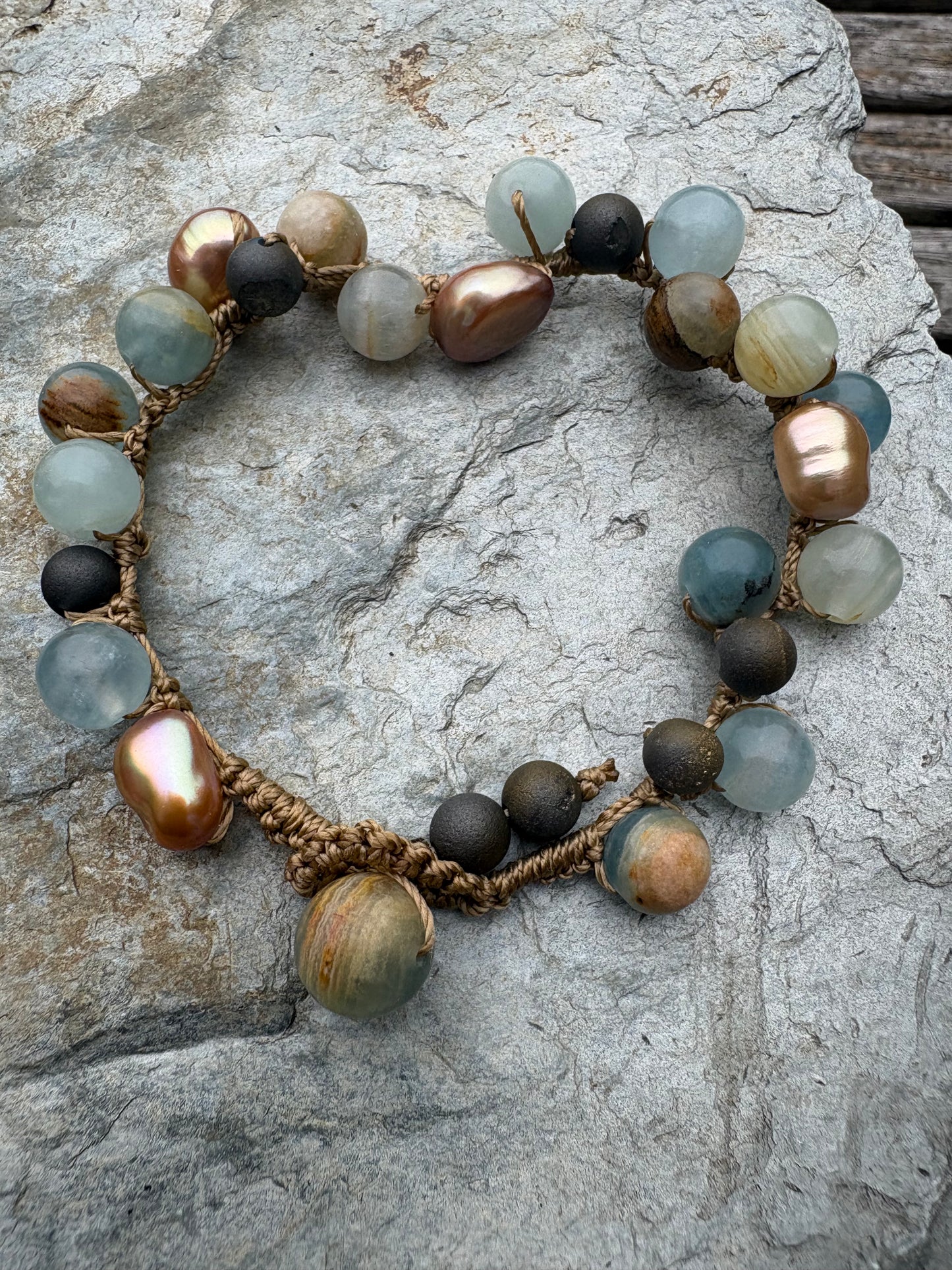 Blue Calcite Druzy and bronze pearl bracelet