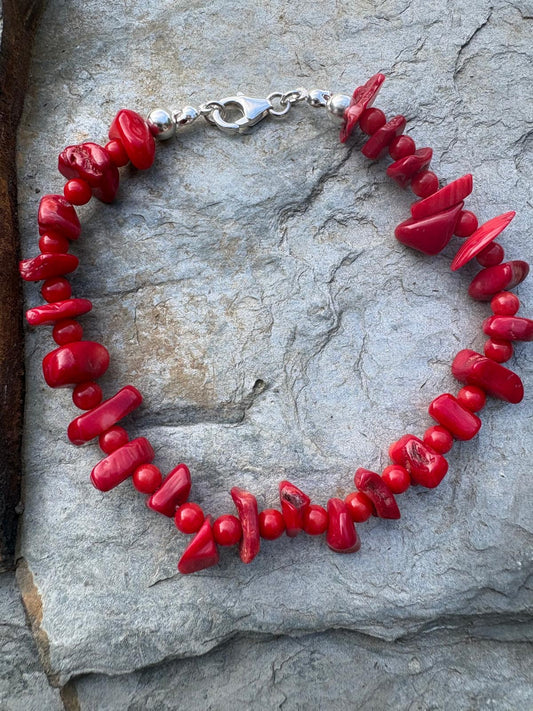 Red Coral Gem Stones & Sterling Silver Clasp